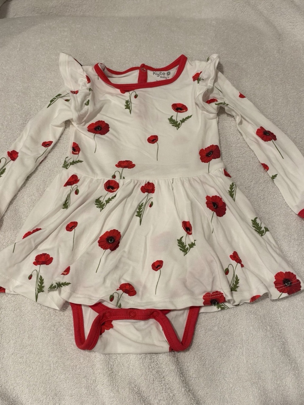 Kyte Baby Long Sleeve Twirl Bodysuit Dress White & Red Poppy Flowers 18-24M